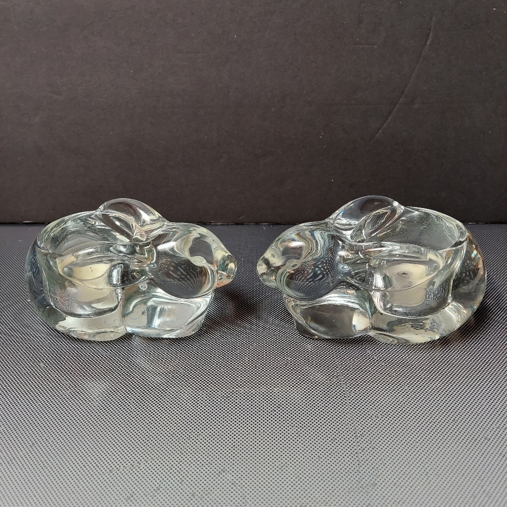 Two glass rabbit candle holders